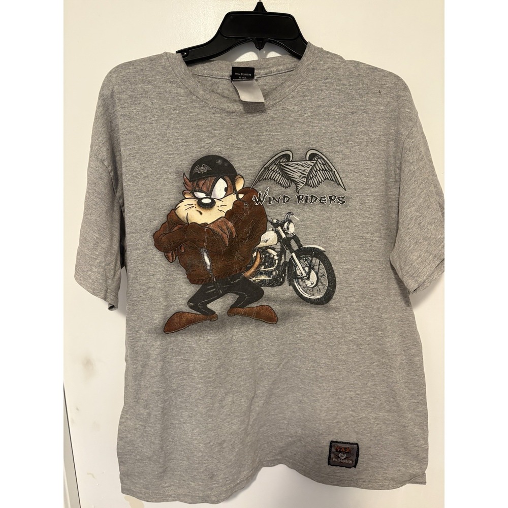 Vintage Y2k Looney Tunes Biker Taz Tee T Shirt Size L Harley Wind Rider